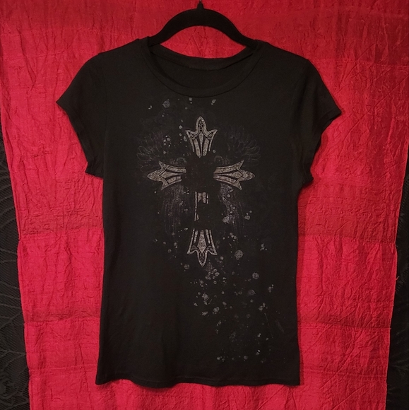 Vtg Y2K abbey dawn blk gothic cross metal red blood spatter mallgoth shirt L - Picture 13 of 17